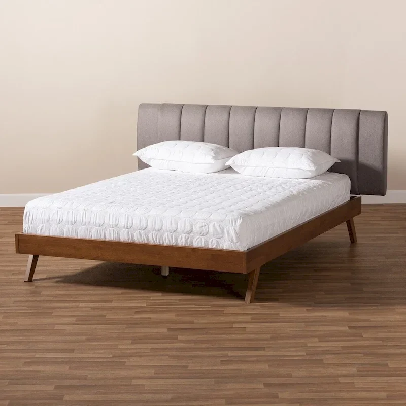 Brita Mid-Century Modern Light Beige Fabric Upholstered Walnut Finished Wood Bed