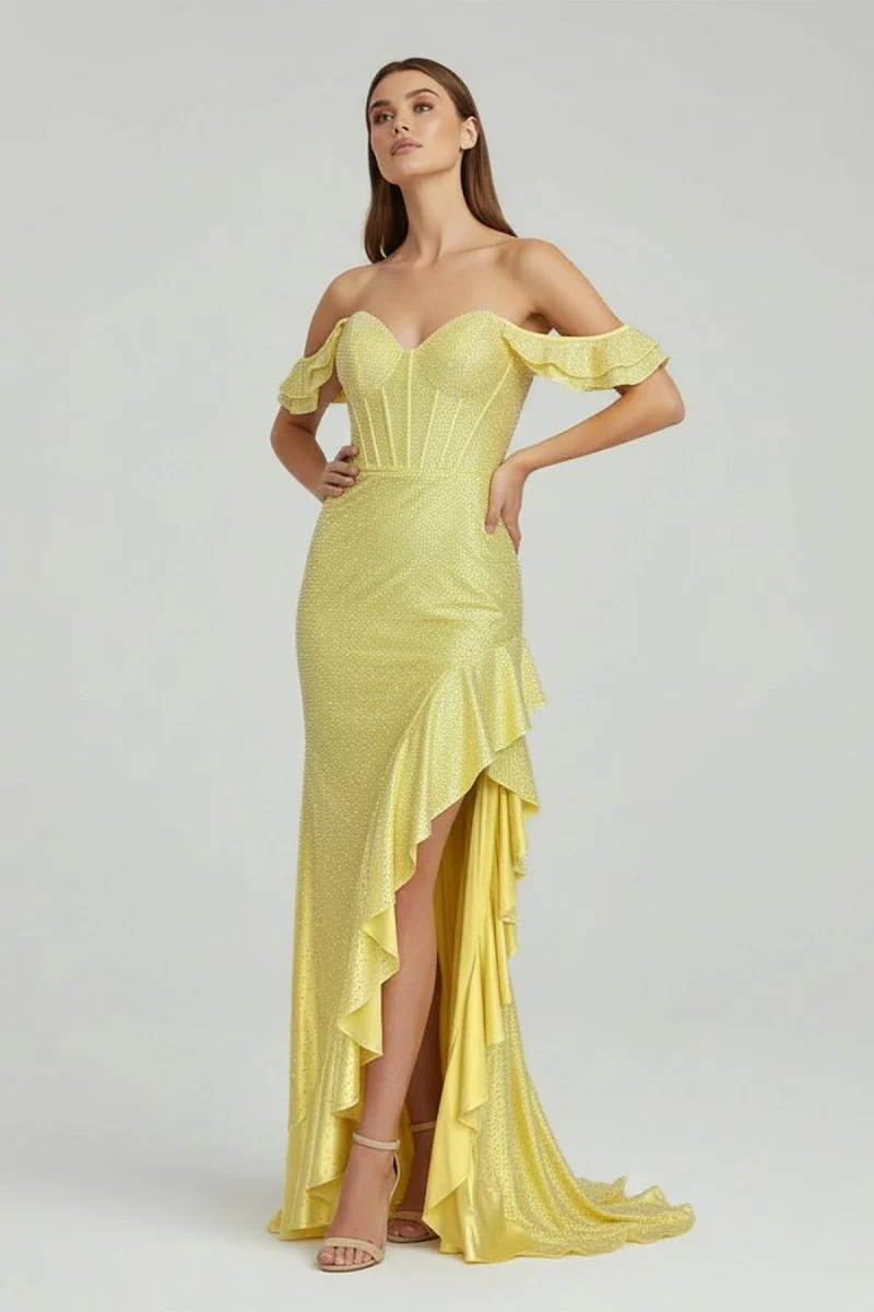 Mermaid Yellow Spaghetti Straps Satin Beaded Long Prom Dress