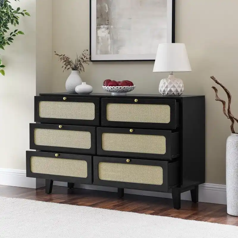 Mid-Century Modern Boho Style 6 Rattan Drawers Double Dresser with MDF Frame and Solid Wood Legs,