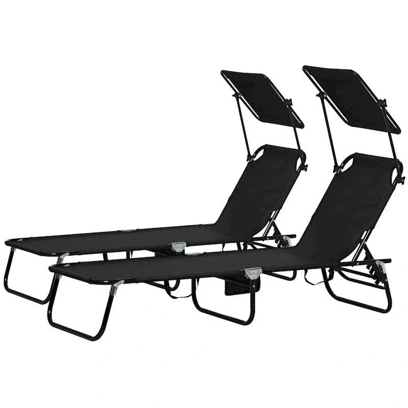 2-Piece Outdoor Folding Pool Lounge Chairs & Tanning Chairs with Canopy Shade, Reclining Back, Steel Frame and Side Pocket