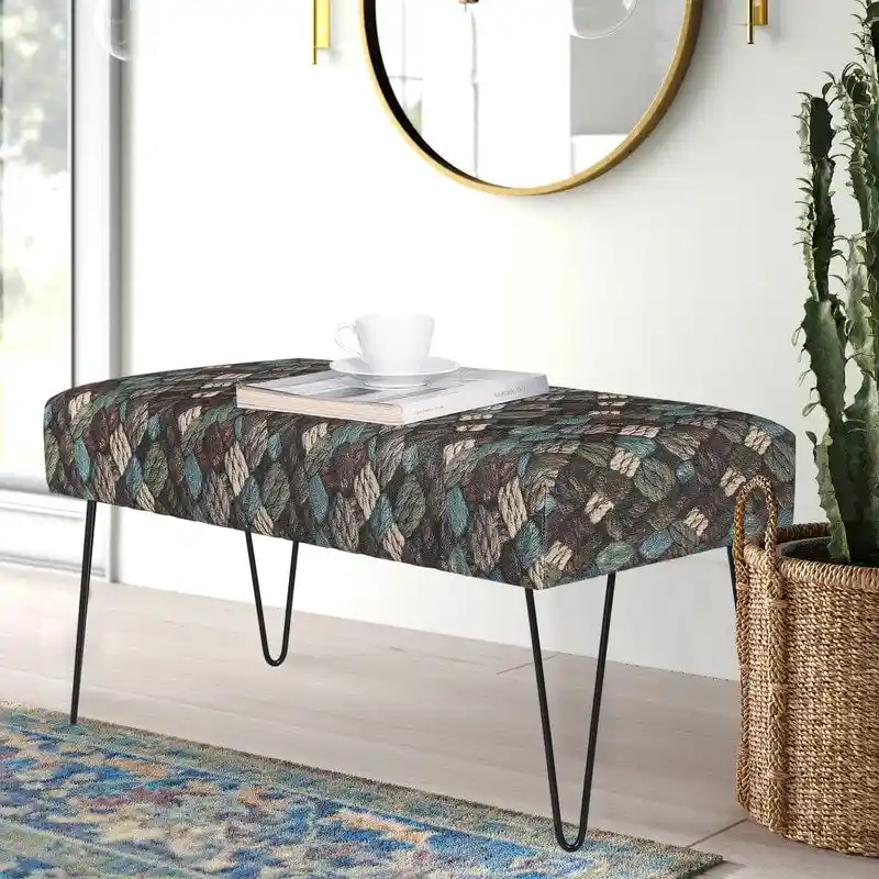 Grey / Red & Blue Fabric Rectangular Bench Ottoman, 2-Person