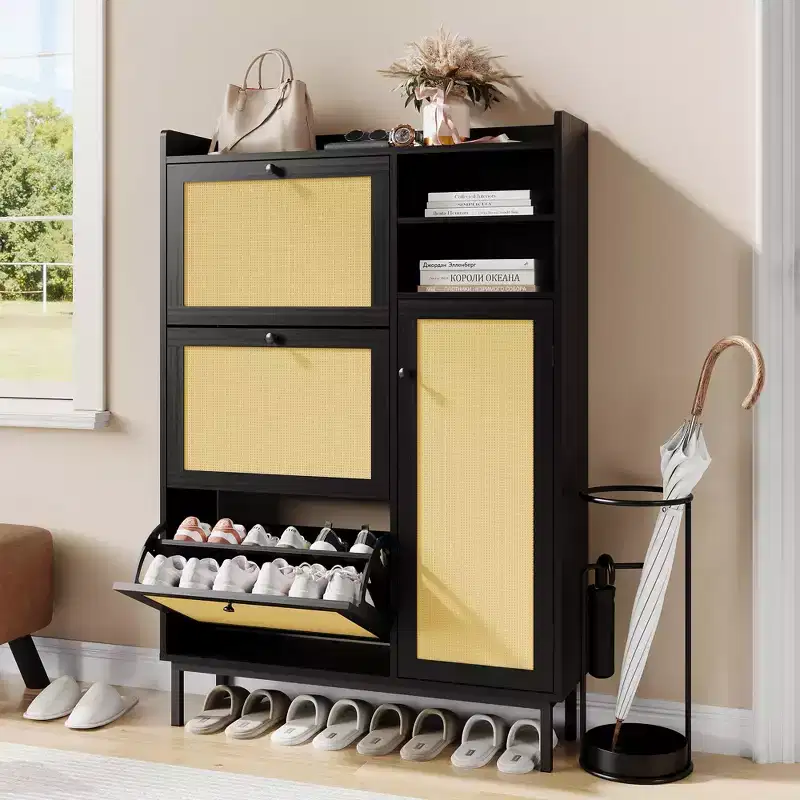 Shoe Storage Cabinet for Entryway,Freestanding Shoe Cabinet with 3 Flip Drawers and 5 Tier Shelves, Natural Rattan Shoe Organizer Storage