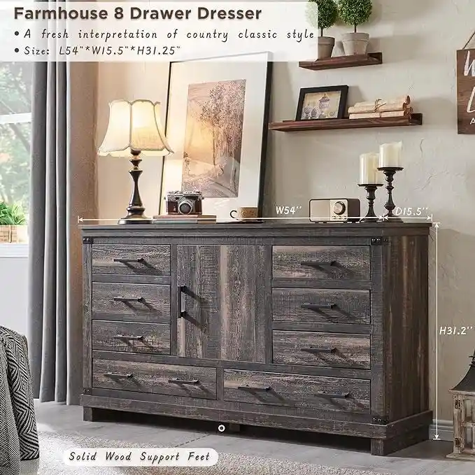 Farmhouse 8 Drawer Dresser, Wood Long Chest of Drawers, Closet Dresser