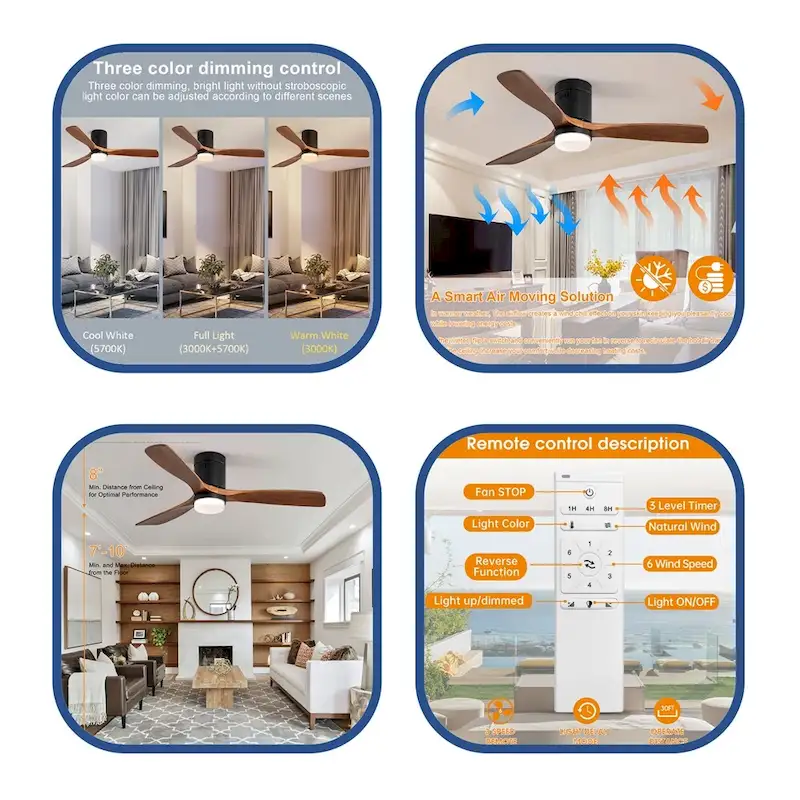 Ceiling Fan Light with 3 Wood Noiseless Fan Blade
