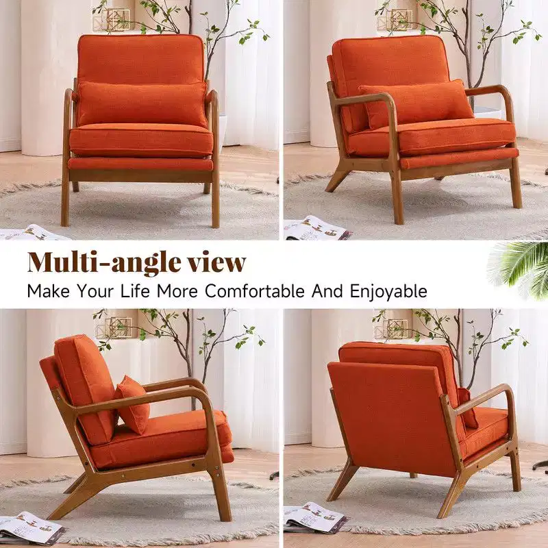 Karl Home 2Pcs Mid Century Solid Wood Accent Chair Upholstered Armchair with an Extra Pillow