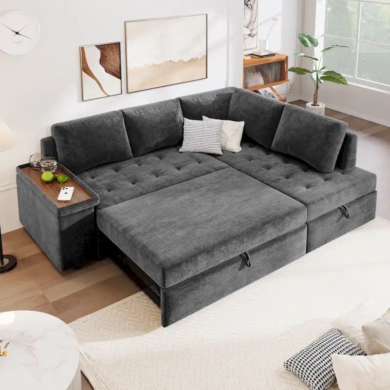 Grey / Light Grey L-Shaped Pull-Out Sofa Bed with Storage, Seats 3–4