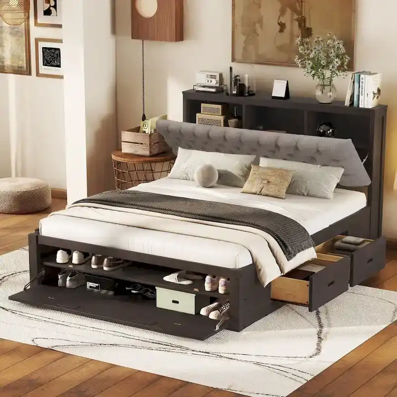 Queen Platform Bed - Espresso - Storage Headboard with 4 Drawers