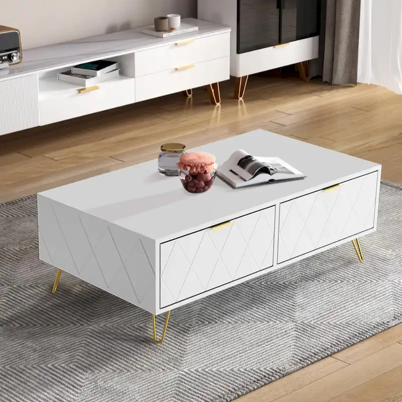 Modern Coffee Table with Double Storage Drawers Wooden TV Cabinet Side Table for Apartment &Living Room