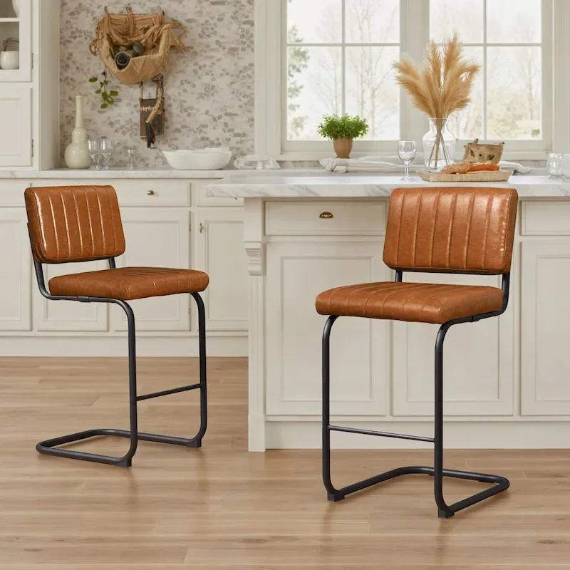 Brown Faux Leather Counter Stool with Chrome Frame