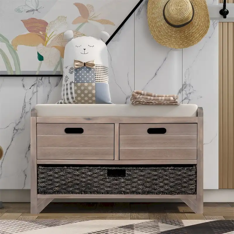 Merax Rustic Storage Bench with Removable Basket and Removable Cushion