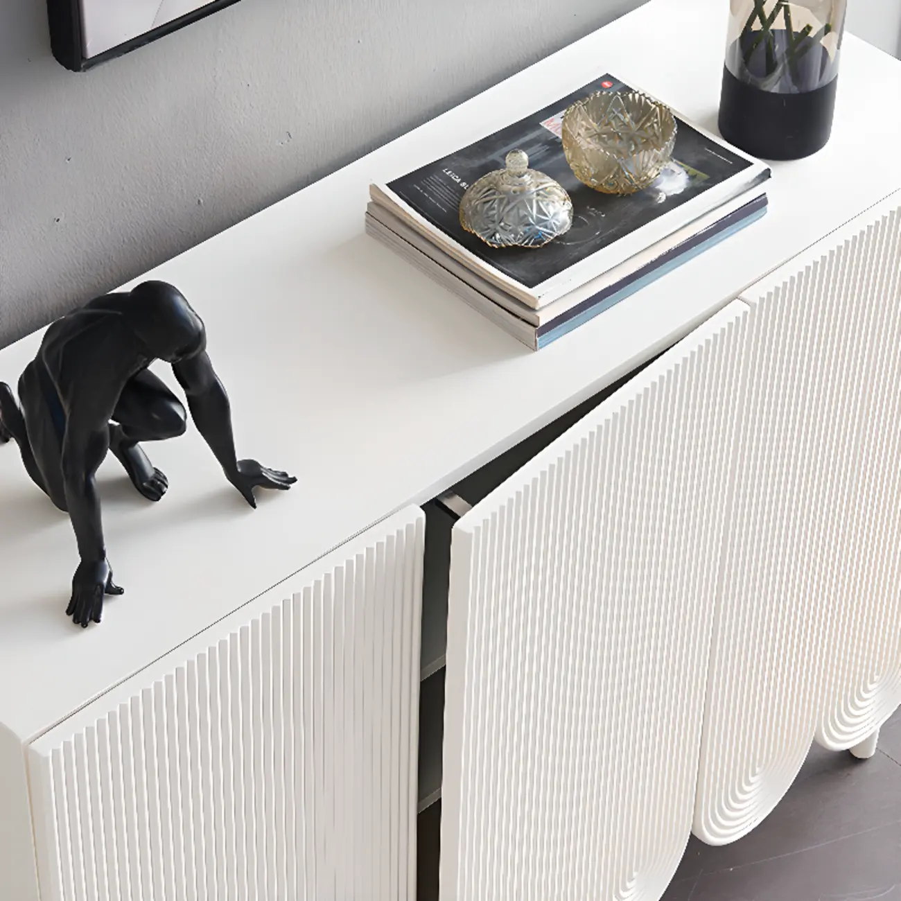 Modern White Wood Scalloped Adjustable Shelves Cabinet