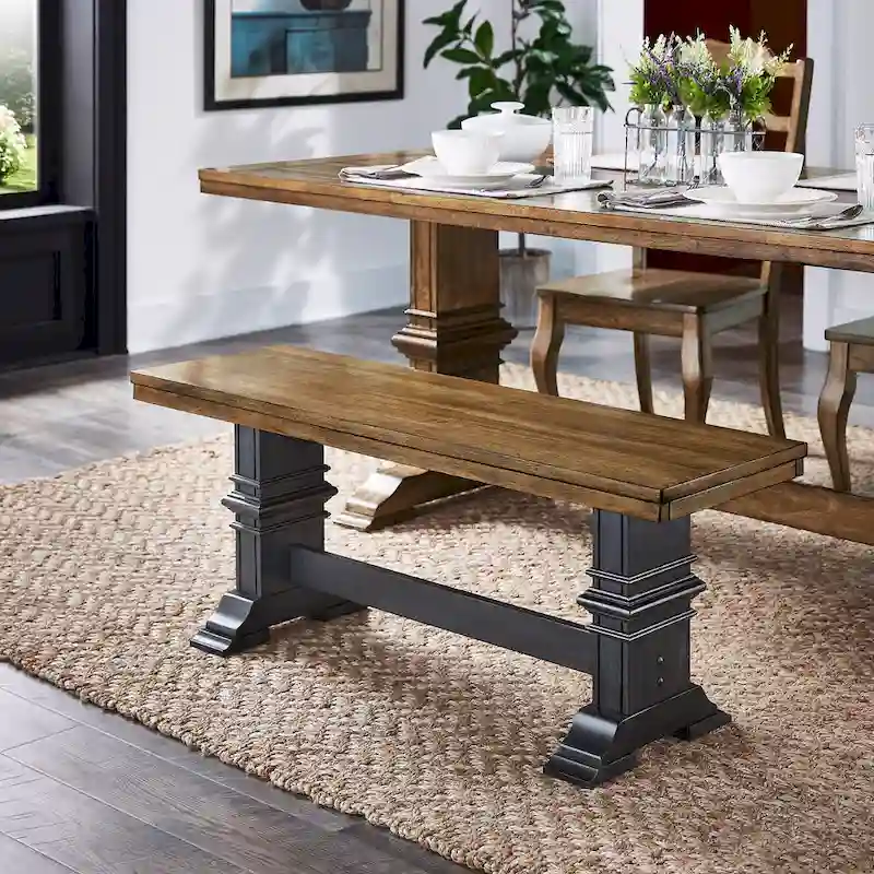 Two-Tone Trestle Leg Wood Dining Bench