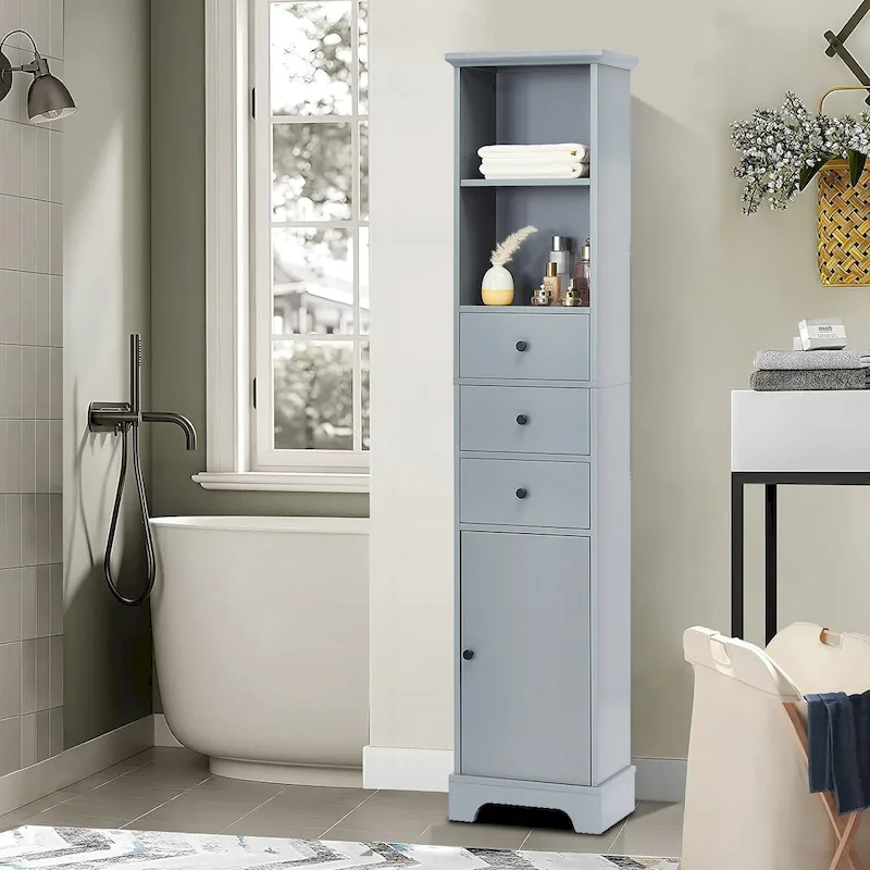 Grey/White Wood Slim Tall Bathroom Cabinet with 1 Open Shelf, 3 Drawers & 1 Door