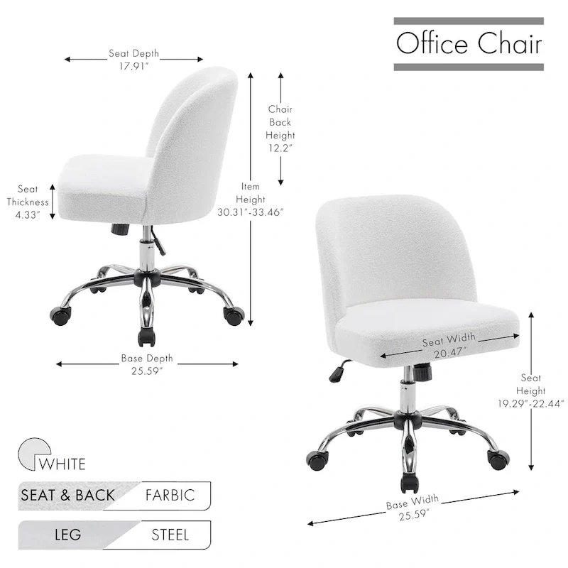 Peli Sherpa Fabric Armless Office Chair with Steel Roller Casters
