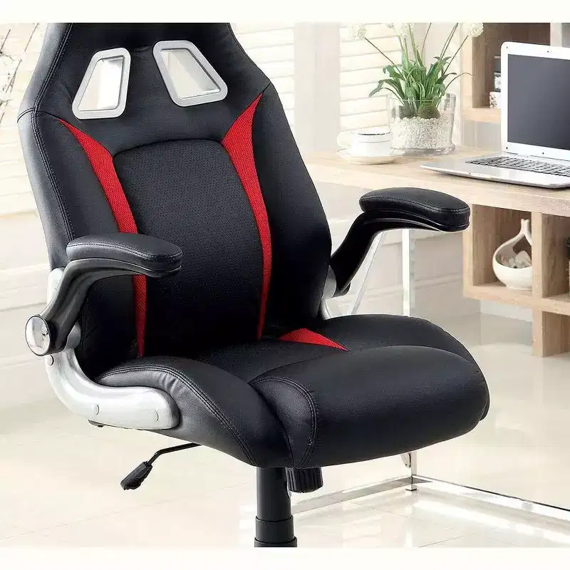 Okak Modern Upholstered Office Chair, Computer Chair with Foldable Armrest and Adjustable Height, Comfy Chair for Gaming Room, Study, Black