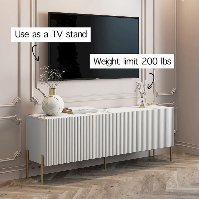 Beige TV Stand Console with Metal Legs – Art Deco Design, Fits TVs up to 65 in.