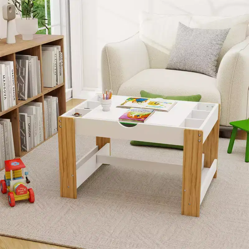 Kids 2 in 1 Play Table with 7 Storage Compartments,Compatible with LEGO Building Block,Modern Activity Learning Table Game Furniture-White