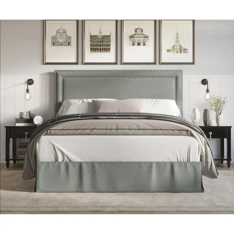 Nailhead Upholstered Panel Bed – Grey/Black/Beige/Denim Blue, Twin to King