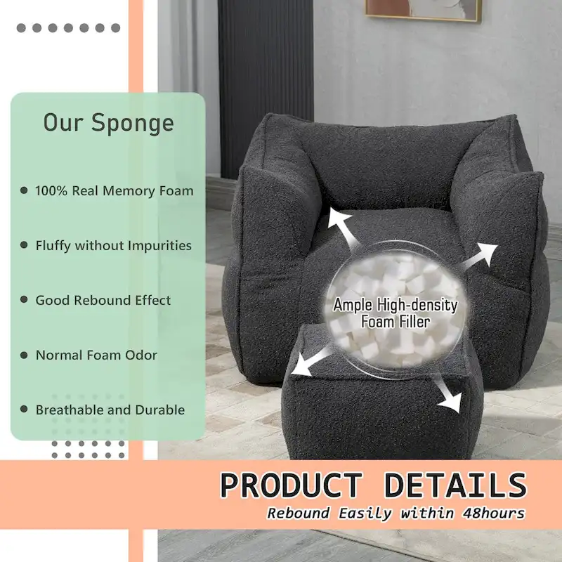 Boucle Upholstered Deep Seat Armless Square Bean Bag Chair with Ottoman