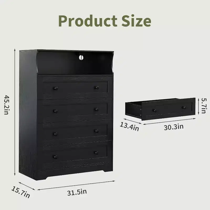 4 Drawer Wooden Dressers for Bedroom, Modern Nightstand for Bedside, Wood Chest of Drawers Storage Organizer for Living Room, Hallway, Closet