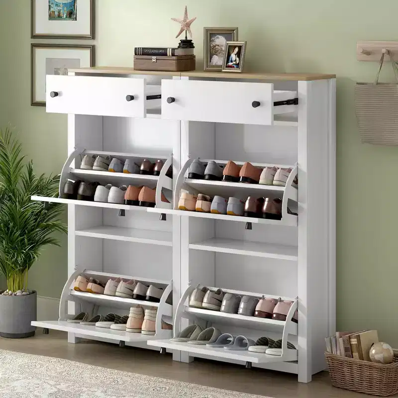MAYEERTY Slim Tipping Bucket Shoe Cabinet Set, 4 Flip Drawers Wood Grain Top Adjustable Panel, White