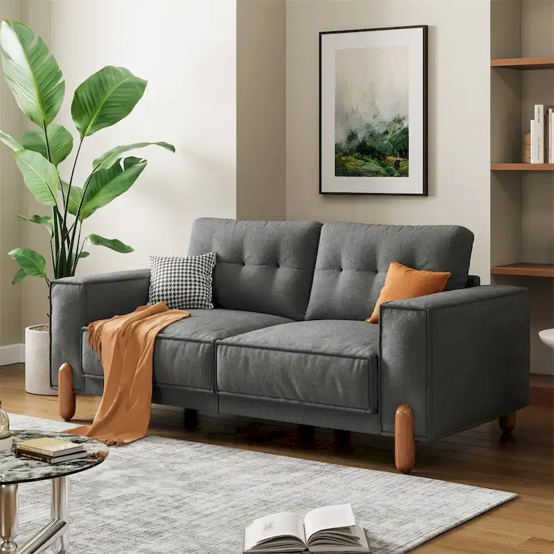 Modern Teddy Fabric Upholstered Sofa w/ Wood Legs and 2 Pillows