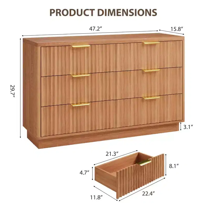Modern 6 Drawer Dresser for Bedroom, 47 in Wood Chest of Drawers, Compact Nursery Dresser Storage Cabinet for Closet Living Room Apartment, Natural