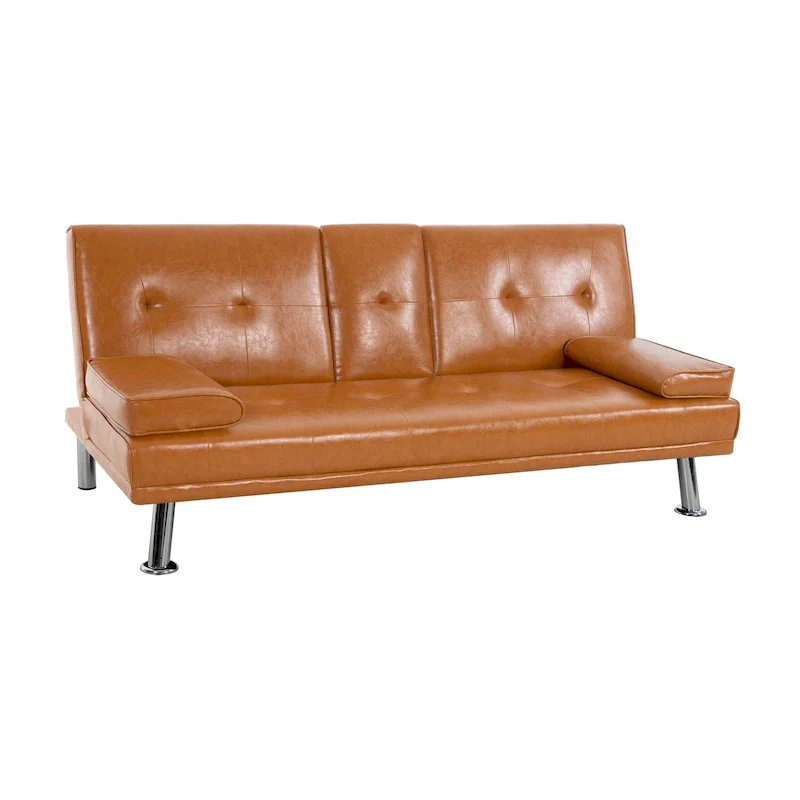 Futon Sofa Bed Couch with Armrest & Cupholders, Faux Leather Sofa Bed Couch Convertible Folding Reclining Small Couch