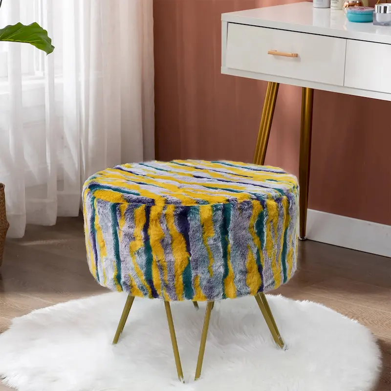 Home Soft Things Multi Jacquard Fauxfur Round Ottoman