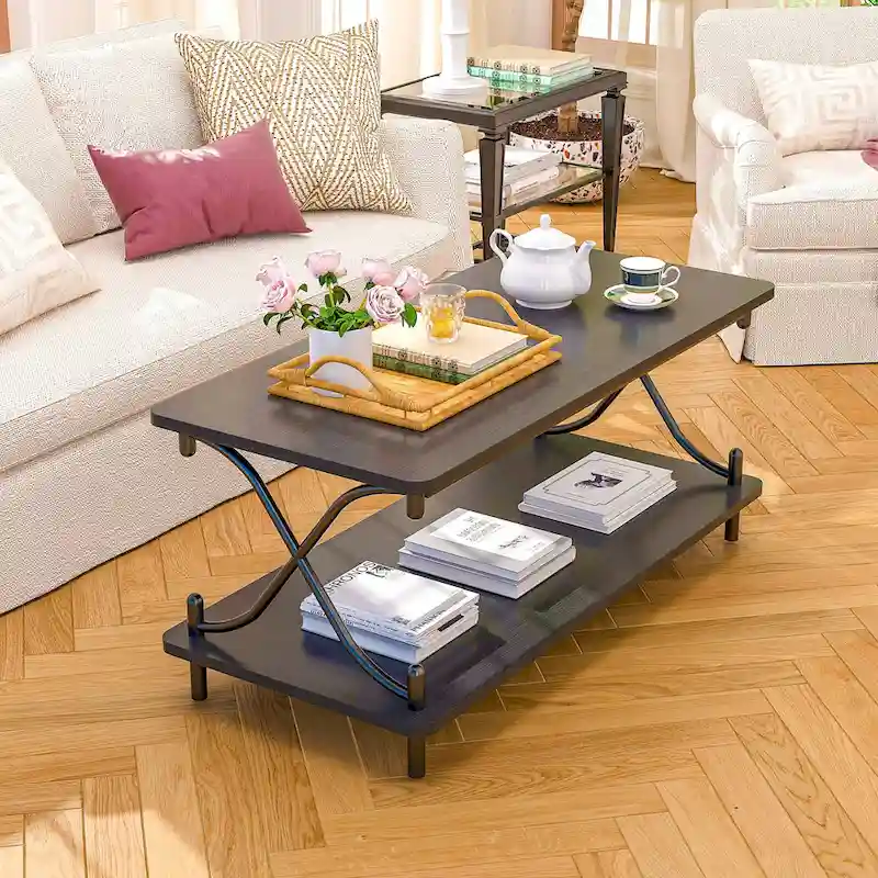 Coffee Table with Storage and Open Shelves for Living Dining Room 39-Inch, Modern Rectangle & Industrial Design