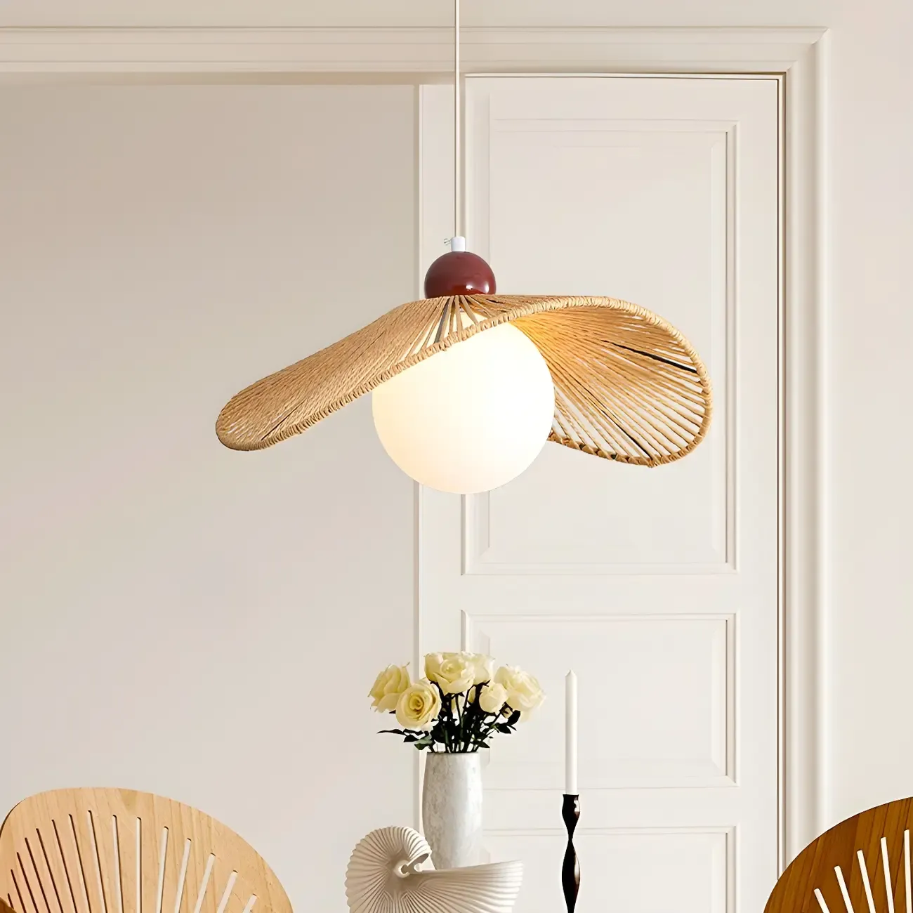 Rattan Curved White Glass Globe Pendant Light