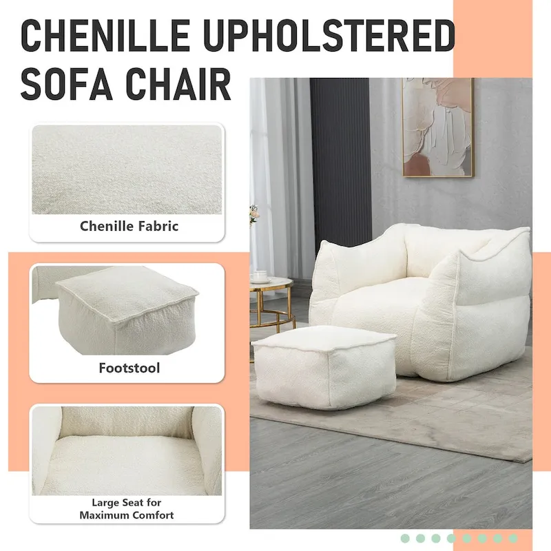 Boucle Upholstered Deep Seat Armless Square Bean Bag Chair with Ottoman