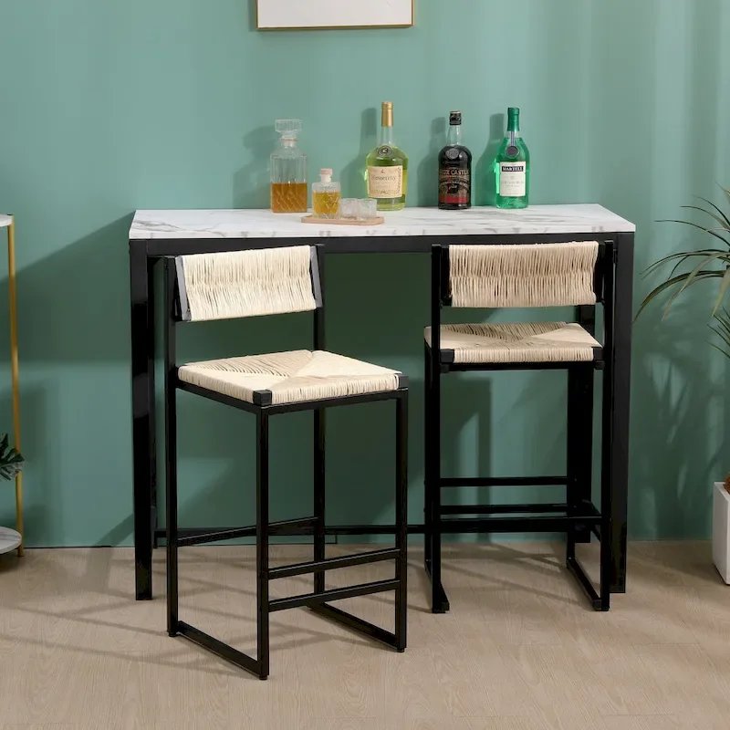 Counter Height Bar Stools Set of 2, Kichen Island Chairs with Back, Armless Dinning Room Chairs with Hand Weave