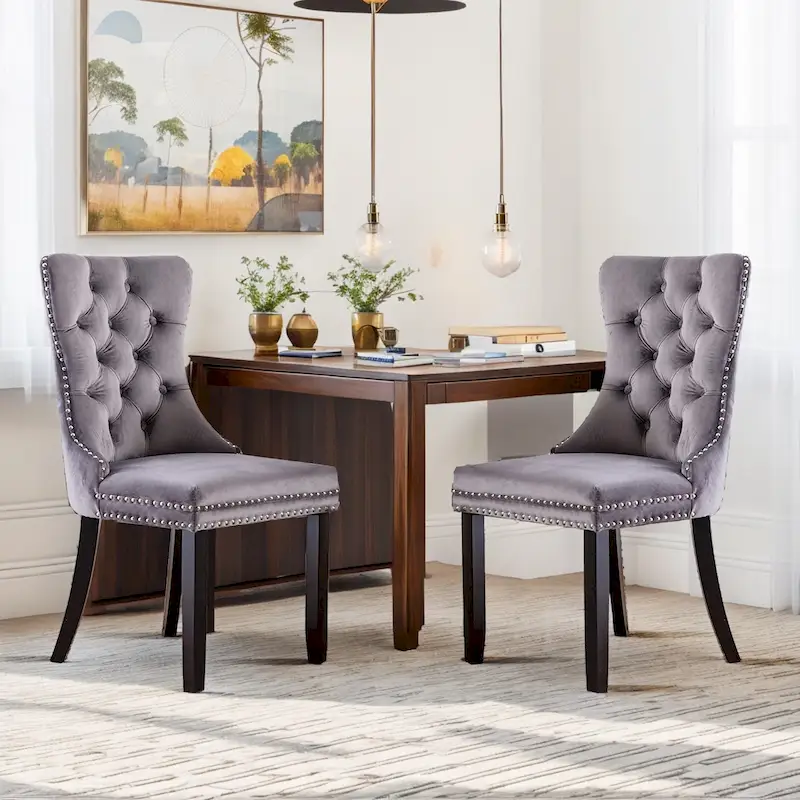 Set of 2 Velvet Dining Chairs,Tufted Solid Wood Armless Chairs Accent Chair with Nailhead Trim and Back Ring Pull - N/A