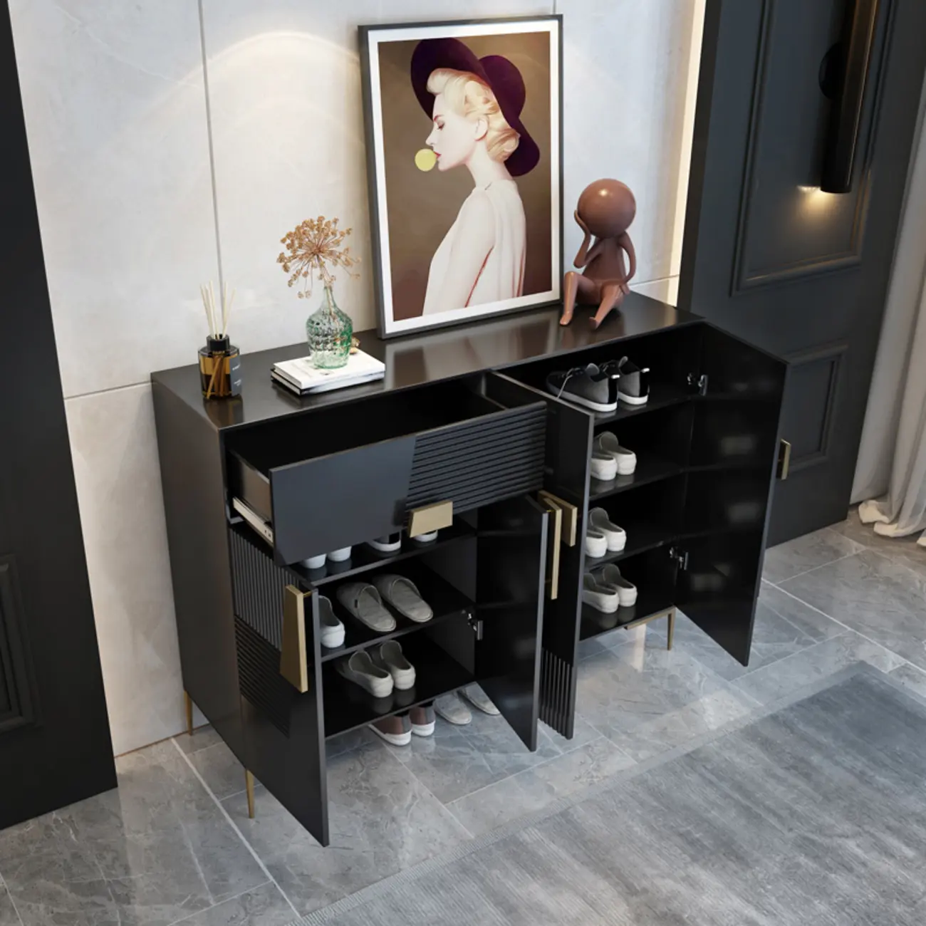Elegant Fluted Entryway Shoe Cabinet with Drawer