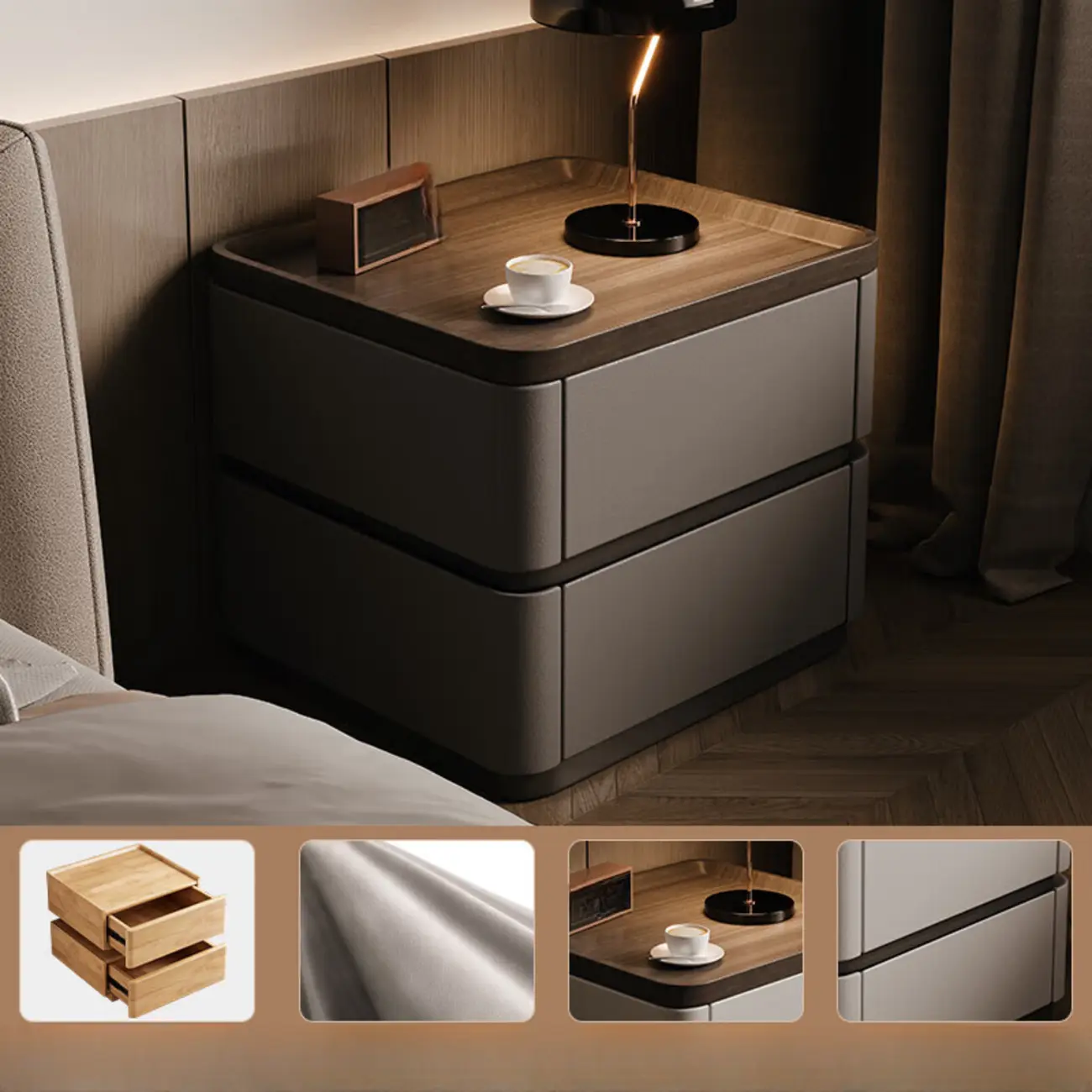 Wooden Overbed 2 Drawers Nightstand with Grooved Top