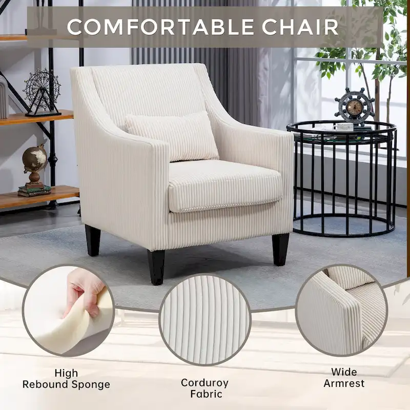 Beige Upholstered Accent Arm Chair with Scooped Arms and Rubber Wood Legs
