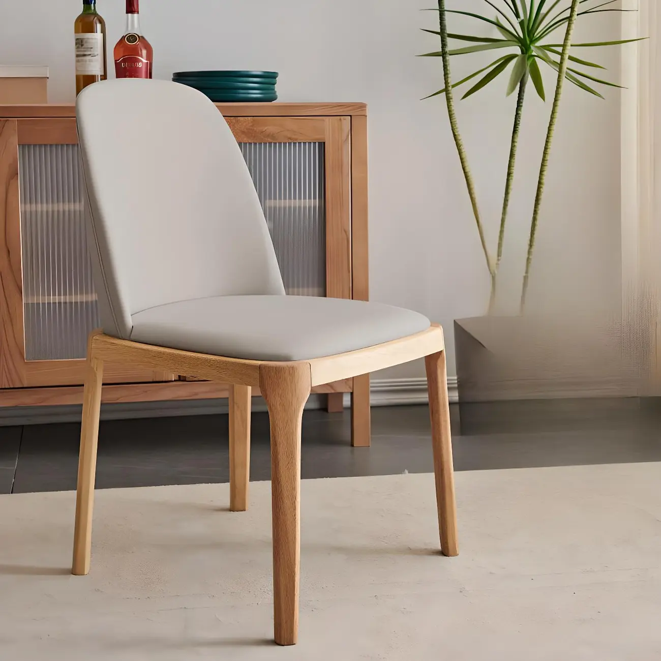 Cream Wood Faux Leather Solid Back Dining Chair