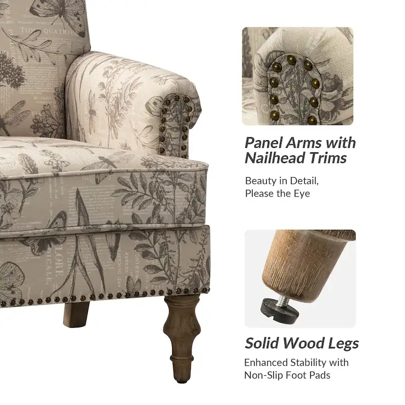 Grey/Navy Farmhouse Nailhead Camelback Armchair, 1-Person