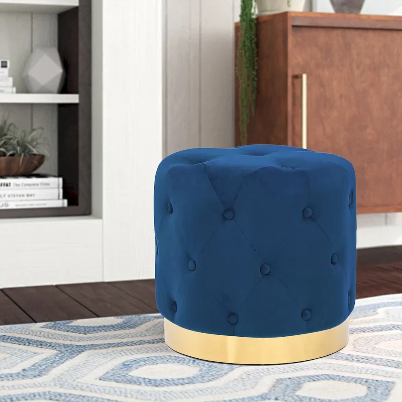 Adeco Round Velvet Ottoman Vanity Footrest Stool Gold Plating Base