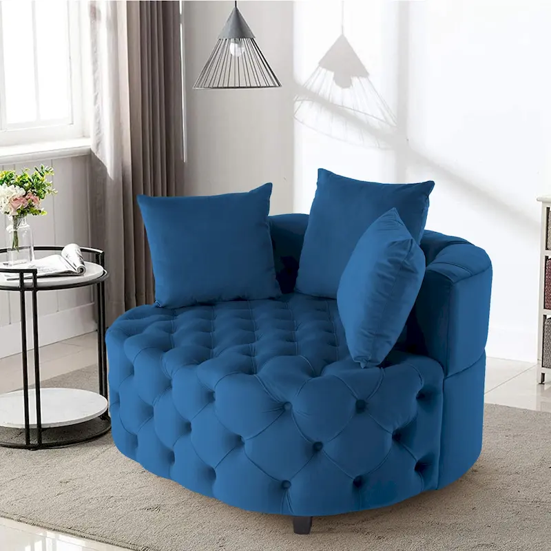Velvet Tufted Barrel Accent Chair with 2 Pillows – Navy / Ivory / Grey / Orange / Pink / Black, Modern Style, Seats 1