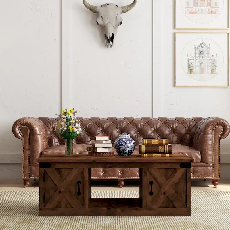 Farmhouse 48 Inch Coffee Table, No Assembly Required, Aged Whiskey Finish