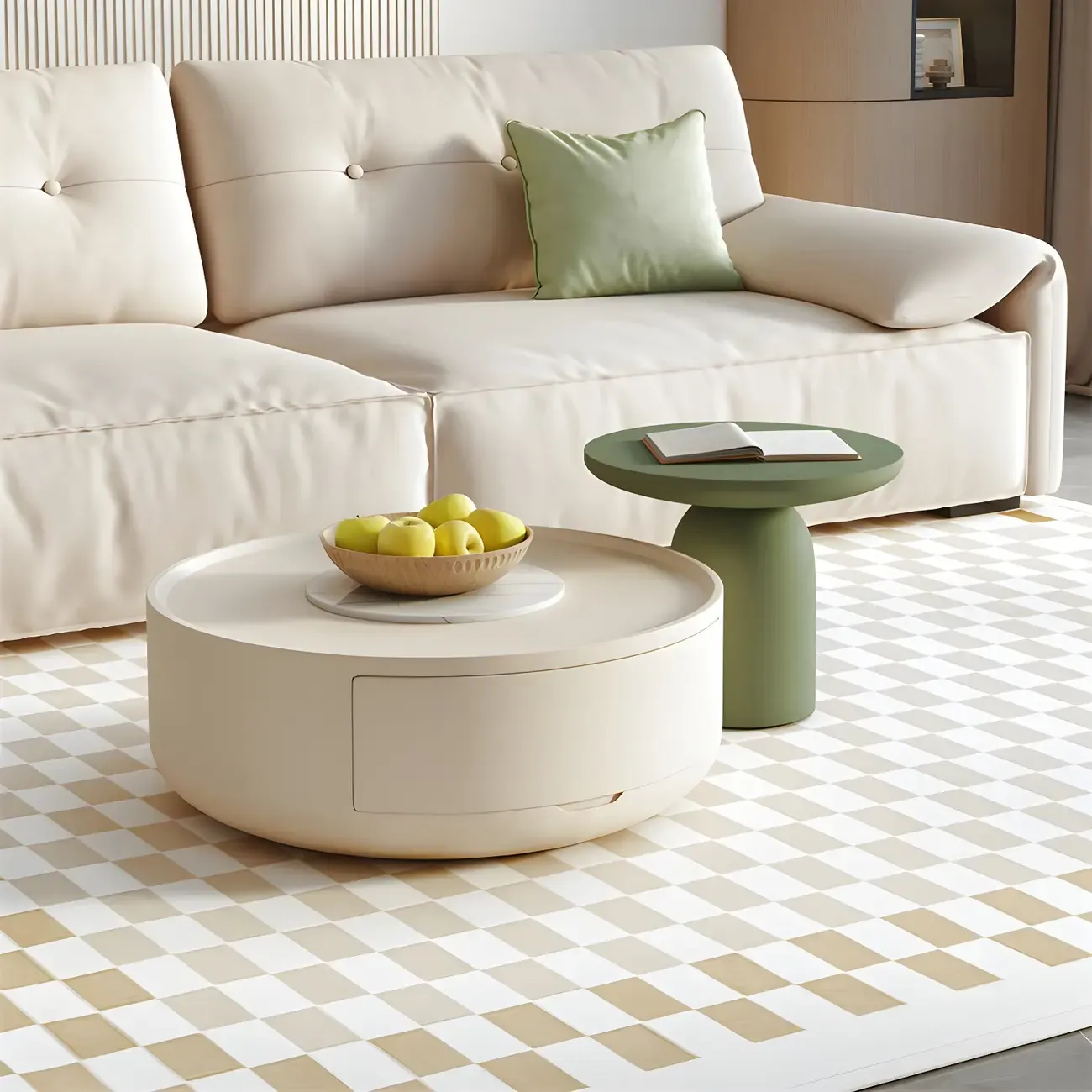 White Round Modern Drum Wood Coffee Table