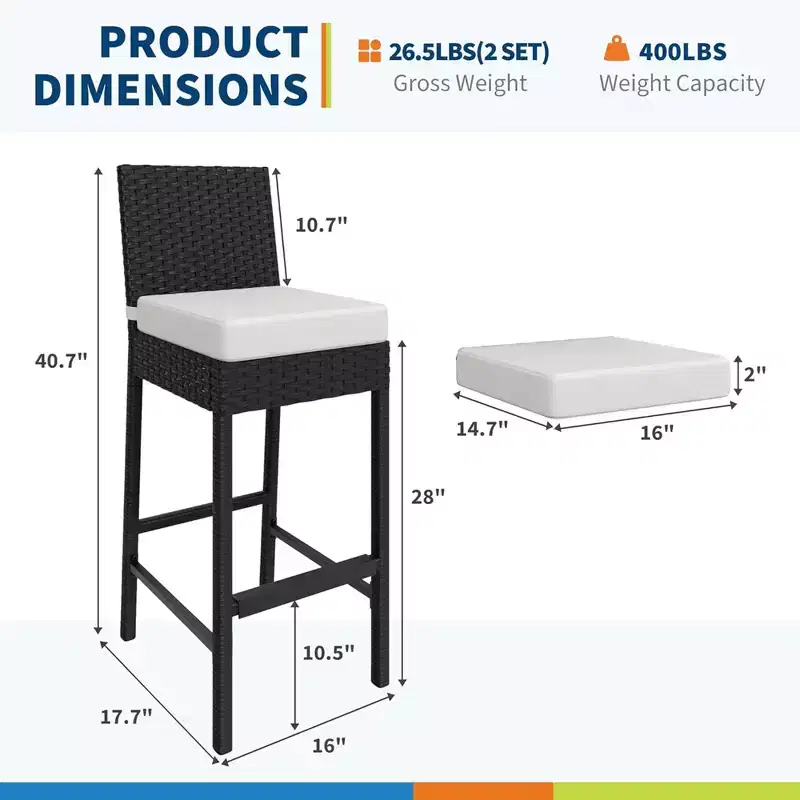 GustoWave Set of 2 patio wicker bar stools with cushions, no arms, for backyards and poolside