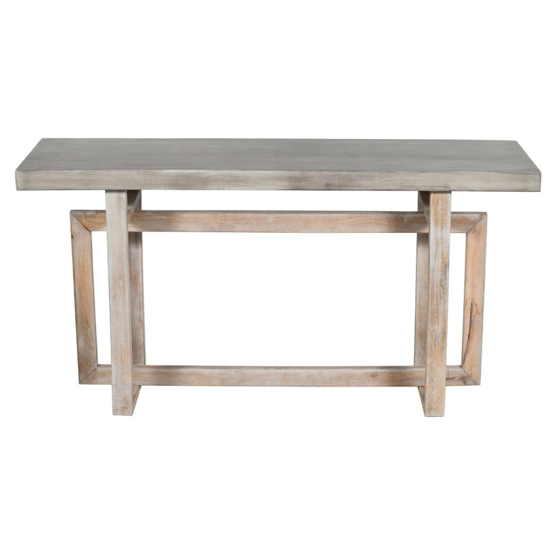 59 Inch Artisan Crafted Farmhouse Console Table with Geometric Interlocked Base, Rustic Light Brown