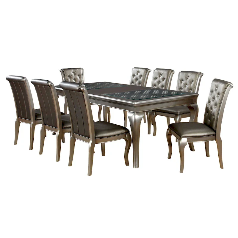 Glam Gold Faux Leather Tufted 9-Piece Dining Table with Leaf