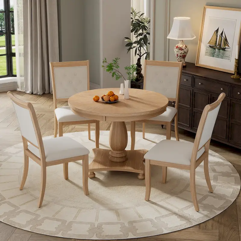 5 Piece Dining Table Set, Solid Wood Kitchen Dining Room Table Set with Round Dining Table and 4 Upholstered Chairs