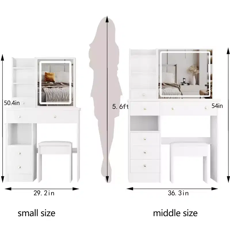 Okak Vanity Table with Drawers and Lights,37 Left-Side Vanity Desk with Cushioned Stool & Extra-Large Touch Sliding LED Mirror,White