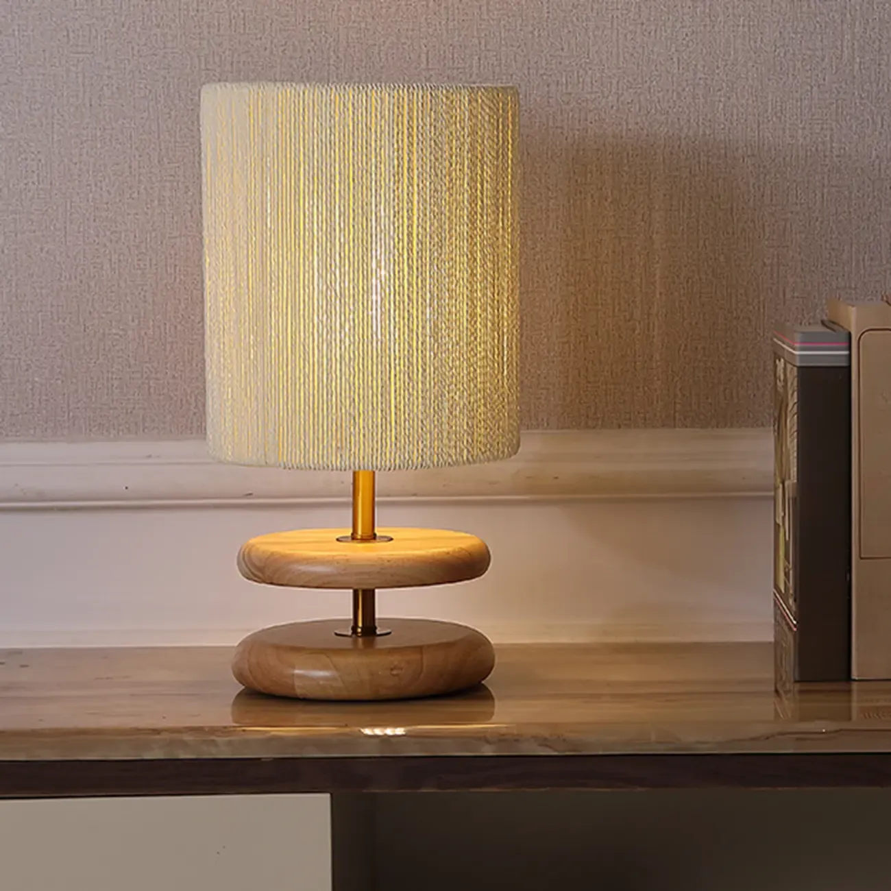 Beige Shade Wooden Base Table Lamp Plug-in for Residential