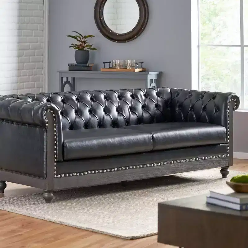 Classic 3-Seater Chesterfield Sofa with Tufted Back, Nailhead Trim and Wood Legs, PU Leather Accent Sofa Couch for Living Room or Lounge - Panipeachy